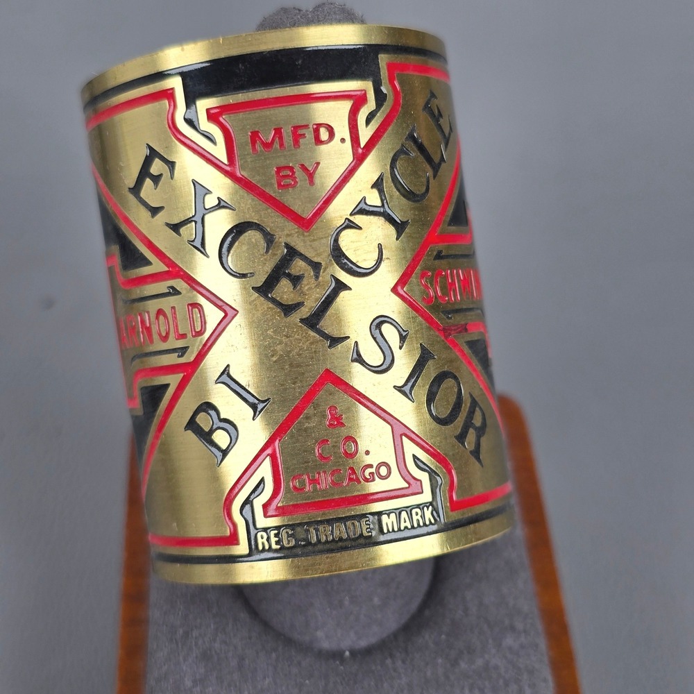 Arnold Schwinn Excelsior Bicycle Head Badge Brass Red Black Chicago Vintage READ